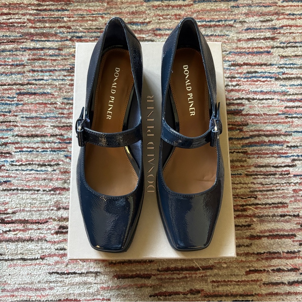 Donald Pliner Mary Jane Pump in Navy Crinkle Patent Leather - Picture 2 of 4